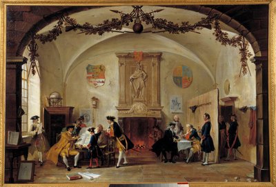 Allegory of war against France. Dutch soldiers study strategies during the War of the Spanish Succession (1701-1714) between France and Spain and a coalition formed by England, the Netherlands and Prussia. Painting by Cornelis Troost (1697-1750) 1747 by Cornelis Troost