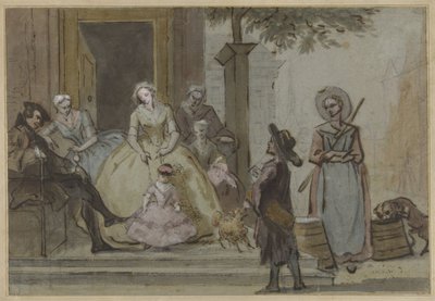 Hurdy-Gurdy Player for a Listening Family on the Steps of a Townhouse by Cornelis Troost
