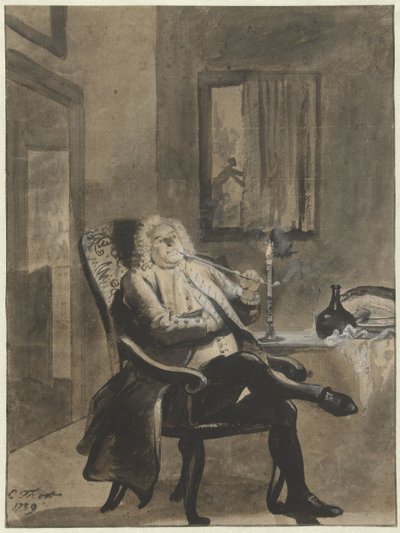 Seated Man Smoking a Pipe by Candlelight while Houses Outside Are Ablaze by Cornelis Troost
