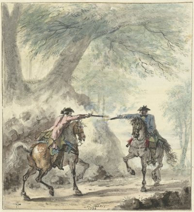 Two Riders Meeting and Shooting at Each Other on a Forest Path by Cornelis Troost