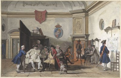 Waiting Room with Reading, Smoking, and Card-Playing Officers by Cornelis Troost