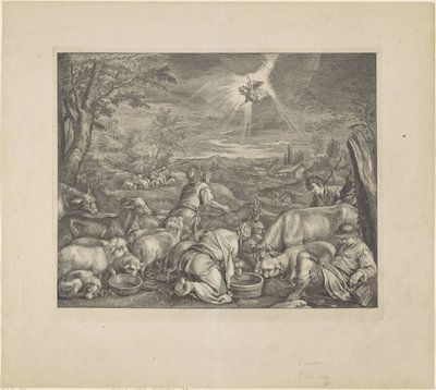 Abraham Departs for Shechem / Annunciation to the Shepherds (series title: Royal Bible) by Cornelis Visscher (II)