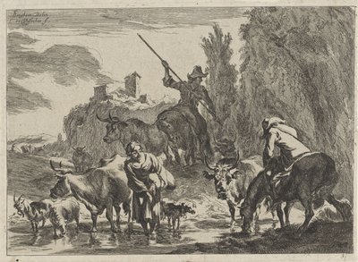 Shepherds with Cattle Wading Through a Stream (Landscapes) by Cornelis Visscher (II)