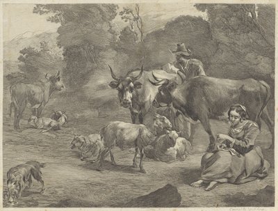 Landscape with a Shepherd and a Sewing Shepherdess by Cornelis Visscher (II)