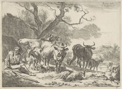 Resting Old Shepherd with His Flock by Cornelis Visscher (II)