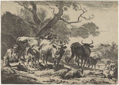 Resting Old Shepherd with His Flock by Cornelis Visscher (II)