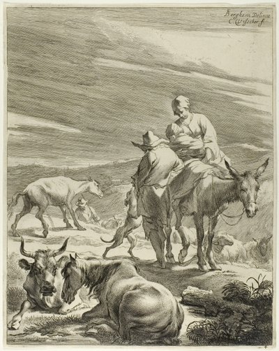 A Mother and Swathed Child Riding a Donkey, plate 4 from Four Landscapes by Cornelis Visscher