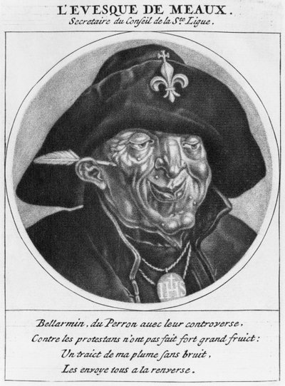 Protestant caricature of Bossuet, Bishop of Meaux, illustration from Les Heros de La Ligue ou La Procession monacale, Paris by Cornelis and Gole, Jacob Dusart