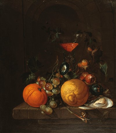 A Lemon, an Orange, Grapes, an Oyster, and a Glass of Wine on a Ledge by Cornelis de Heem