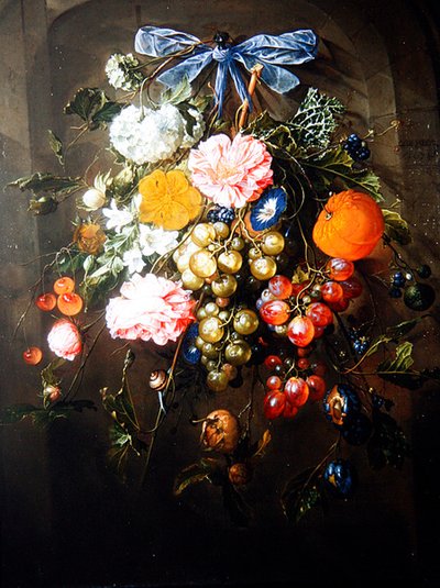 A Still Life of Flowers and Fruits tied with a Blue Bow by Cornelis de Heem