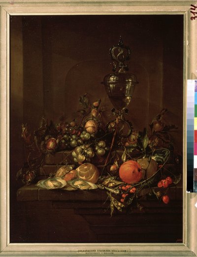 Still Life with a Goblet. Orange, Lemon, Walnuts, Hazelnuts, Chestnuts, Oysters, Peas, Currants, Snails, Cherries by Cornelis de Heem