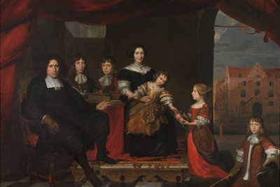 Reyer Reyersz van der Burch (1630-1695), Ammunition Officer attached to the Arsenal of the States-General, Delft, with his Wife Geertruid Graswinckel and their Children Frank, Cornelis, Reyer, Maria and Alida by Cornelis de Man (attributed to)
