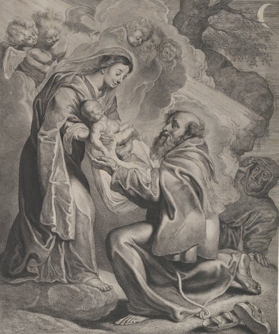 The Vision of Saint Francis, kneeling at right, receiving the Christ child from the Virgin, 1650 by Cornelis de Visscher