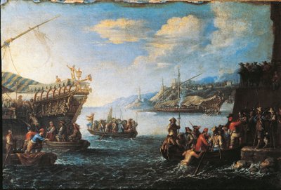 Troops embarking on galley in Port of Genoa by Cornelis de Wael