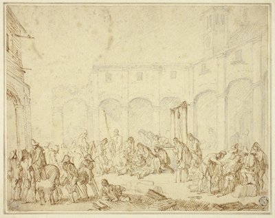 Wounded Soldiers in a Courtyard on Town Square by Cornelis de Wael