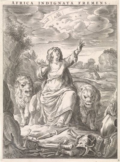 Female Personification of the Continent Africa as a Woman with Lion Skin Sitting Among Lions (Africa indignata fremens) (title on object) (Four Continents) (series title) by Cornelis van Dalen (II)
