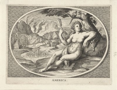 Female Personification of the Continent America as a Woman with Feather Headdress and Arrow in Landscape by Cornelis van Dalen (II)