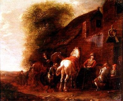 Horsemen outside a village inn by Cornelis van Essen