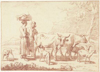 Shepherd and a Woman with Cows and Sheep by Cornelis van Noorde