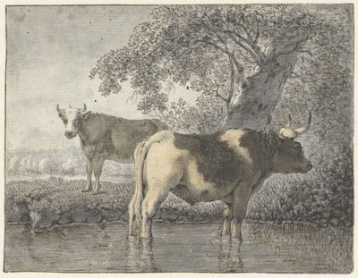 Two Cows Under a Tree by the Water by Cornelis van Noorde