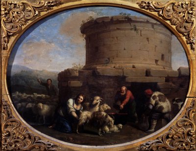 Shepherds, herds and farmers at a fountain in Rome by Cornelis van Poelenburgh