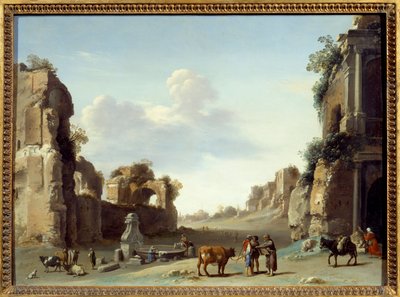 Fantastic View of Campo Vaccino in Rome with Two Donkeys by Cornelis van Poelenburgh or Poelenburch