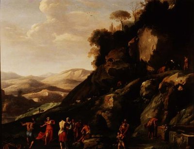 Peasants dancing in a landscape by Cornelis van Poelenburgh or Poelenburch