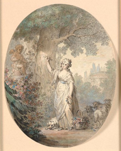 Shepherdess Carving a Sign in a Tree by Cornelius Høyer