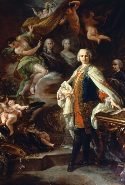 The Italian castrate Carlo Farinelli (Carlo Broschi, dit; 1705 - 1782), at the court of Philip II of Spain, wearing the white coat of the Order of Calatrava. Painting by Corrado Giaquinto (1703-1766), Civico Museo Bibliografico Musicale, Bologna. by Corrado Giaquinto