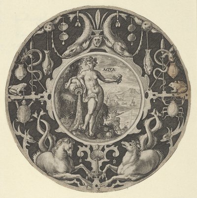 Aqua in a Decorative Border with Sea Creatures, from a Series of Circular Designs by Crispijn de Passe I