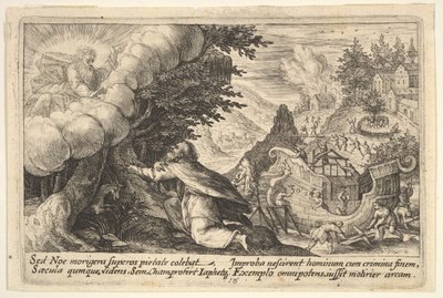 Noah Kneeling Before God at Left, the Construction of the Ark Underway Beyond, from a Series by Crispijn de Passe I