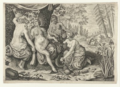 Nymphs Filling the Horn of Plenty (Metamorphoses of Ovid) by Crispijn van de Passe (II) (attributed to)