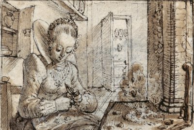 A fashionable young woman sits at a kitchen table to shell walnuts by Crispin I de Passe