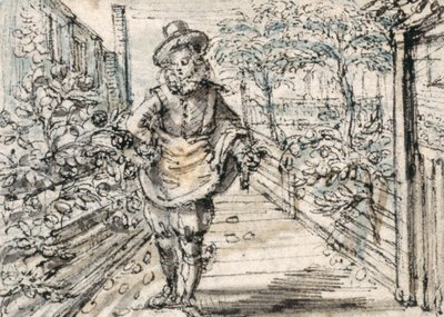 A fashionably dressed youth strolls in a town rose garden by Crispin I de Passe