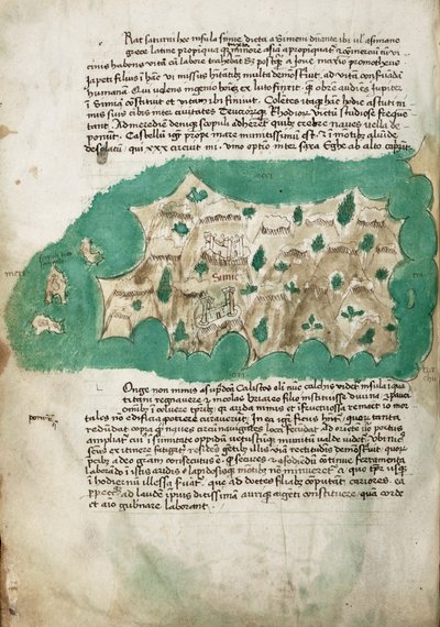 Symi, cartographic survey of the Greek island, with handwritten notes on vellum by Cristoforo Buondelmonti