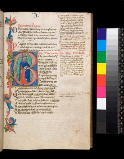Ms 325. Lucan, Bellum Civile, and Other Works, f.10r. Illuminated Initial [B], Inhabited by a Full-Length Author Portrait, Extending into a Partial Foliage Border, c.1400-10 by Cristoforo Cortese