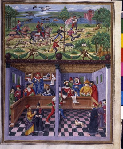 March influence: hunting and court. Miniature made by Cristoforo de Predis in 