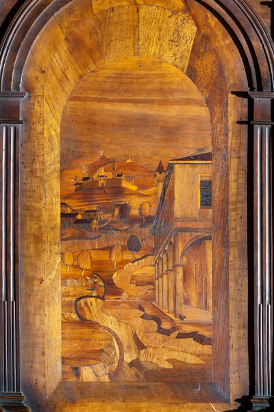 Landscape, Intarsia (detail of the wooden choir) by Cristoforo and Giuseppe Da Venetiis