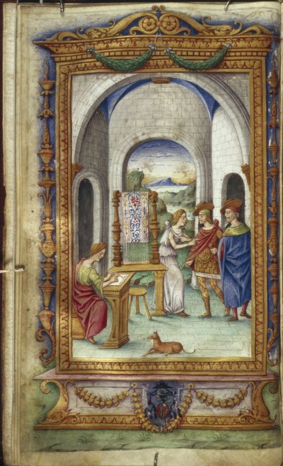 Penelope writing, Telemachus and Laertes Illustration for The Heroides by Ovid, 1485-1499 by Cristoforo Majorana