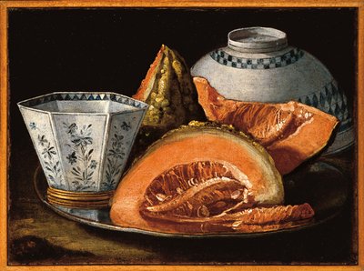 Melon and an octagonal cup on a silver charger, an upturned bowl behind by Cristoforo Munari