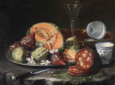 Still Life: Melon, Sausage, Figs, and Chinese Porcelains by Cristoforo Munari