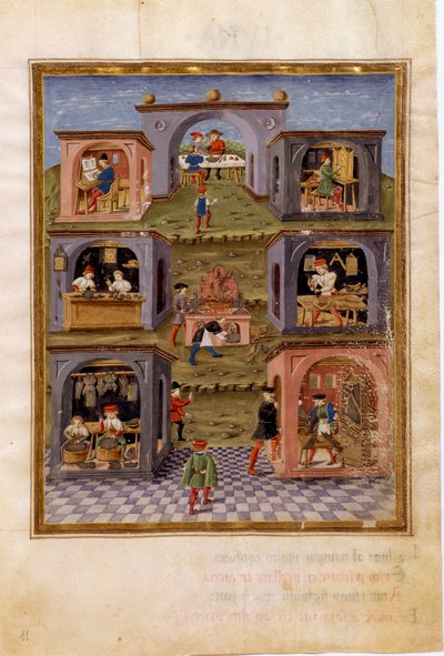Influences of Mercury: the craftsmen. A cooking scene surrounded by a meal scene, a copyist, a watchmaker, a gunsmith, an organ maker, a sculptor and a sacred art painter (miniature, c.1470) by Cristoforo De Predis