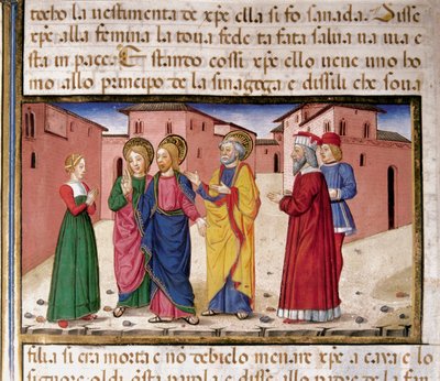 Jesus addresses the woman guilty of adultery. Miniature by Cristoforo De Predis after the History of the New Testament by Cristoforo De Predis