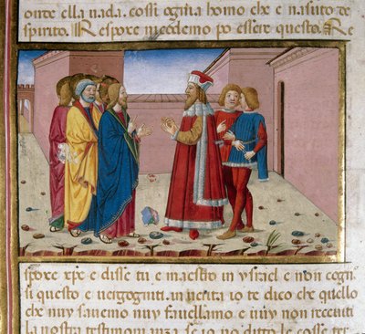 Nicodema the Pharisee visits Jesus. Miniature by Cristoforo De Predis after the History of the New Testament by Cristoforo De Predis