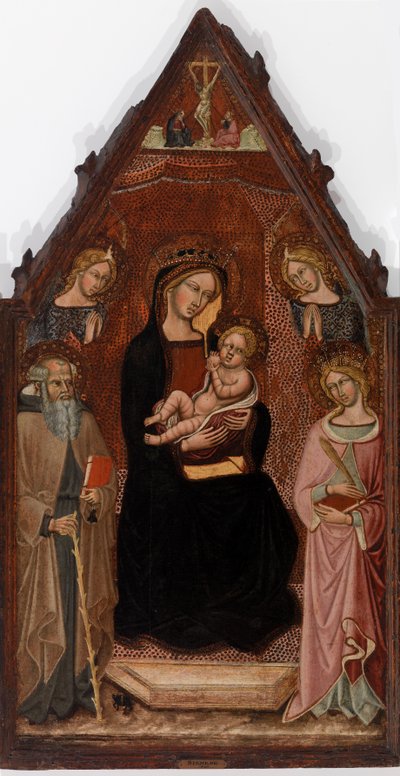 Virgin and Child with Two Angels and Saints Anthony Abbot and Catherine of Alexandria and the Crucifixion by Cristoforo di Bindoccio, Meo