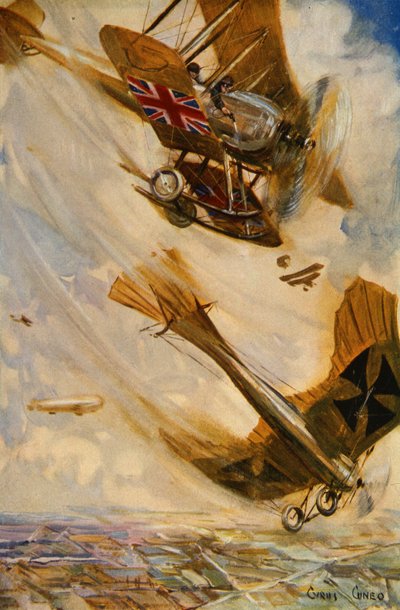 British biplane bringing down a German Taube monoplane with pistol fire, early in the war by Cyrus Cuneo