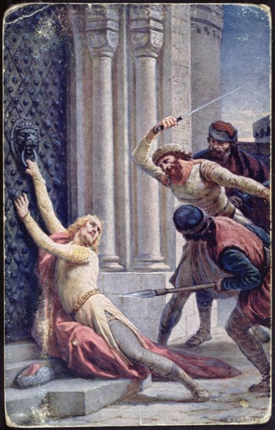 Assassination of Saint Wenceslas by his brother Boleslav on the steps of a church, early twentieth century postcard by Czech School