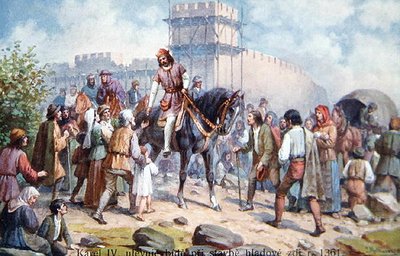Charles IV greeting ordinary people during his expansion of fortifications of Prague in 1361, early twentieth century postcard by Czech School