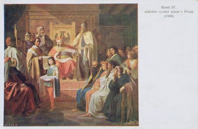 Foundation of the German University in Prague by Charles IV in 1348, early twentieth century postcard by Czech School