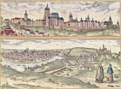 View of Prague showing the Imperial Palace and the Vltava river (engraving) by Czech School